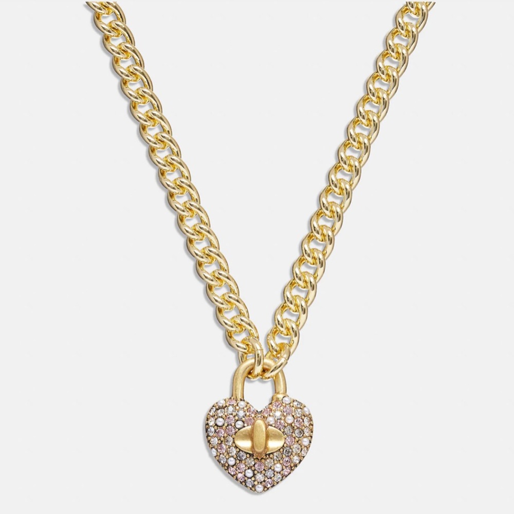 Coach Heart Turnlock Pave’ Chain Link Necklace